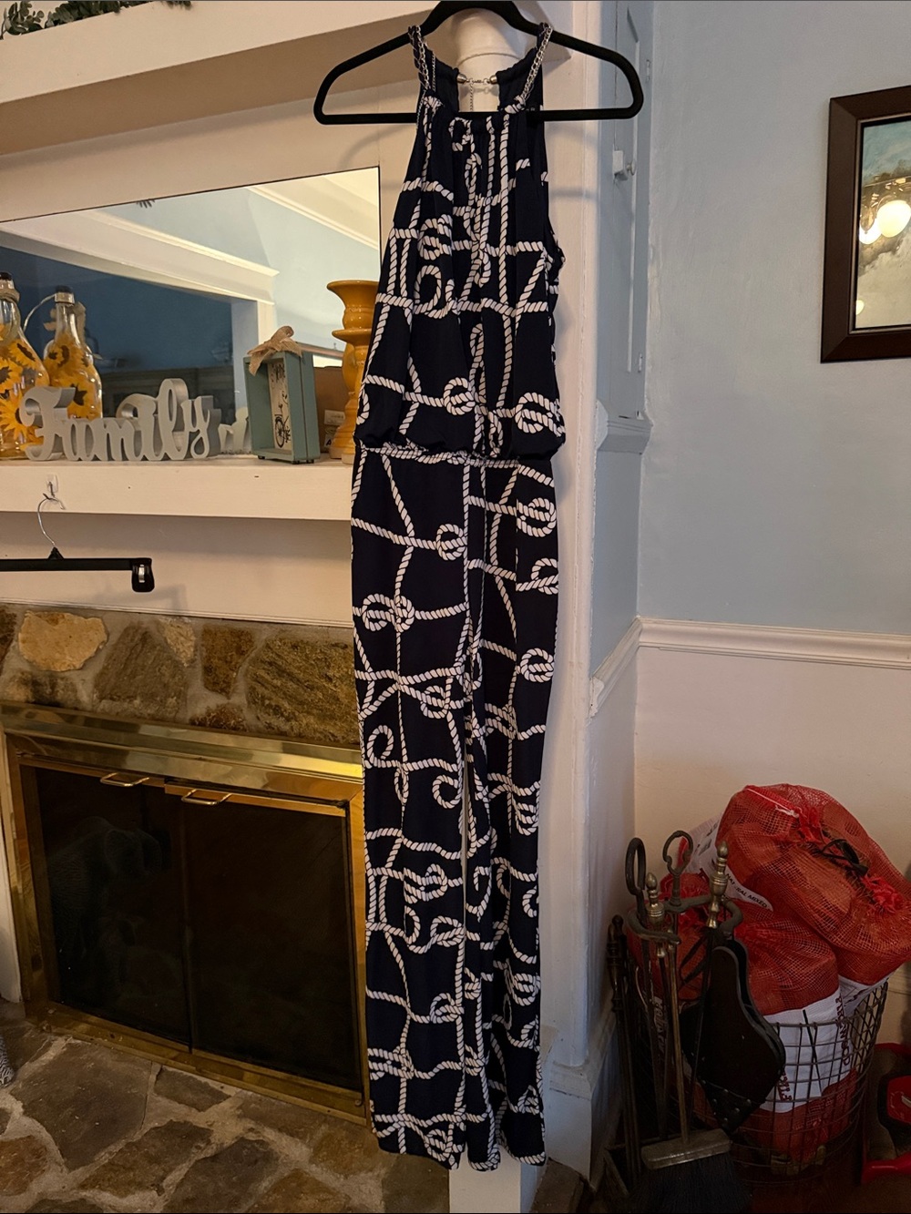 Laundry By Shelli Segal Navy and White Rope-Print Halter Jumpsuit